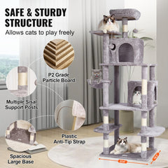 Light grey cat tree tower with two condos, multiple platforms, and sisal scratching posts.