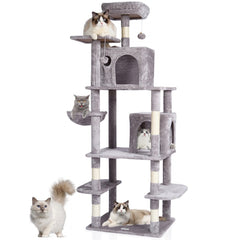 Light grey cat tree tower with two condos, sisal scratching post, and multi-level platforms.