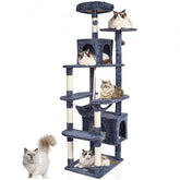 Dark grey cat tree tower with two condos, hammock, and sisal scratching posts.