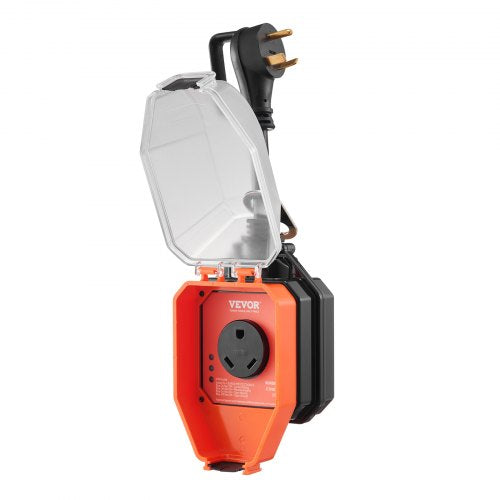 Orange Bostome 30 Amp RV surge protector with waterproof cover, 4100 Joules protection, and LED indicators.
