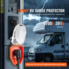 An orange and black 30 amp RV surge protector is plugged into an outdoor power outlet.