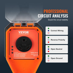 Orange 30 Amp RV surge protector with circuit analysis LEDs for wiring diagnostics.