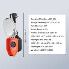 Orange 30 Amp RV surge protector with 4100 Joules protection, waterproof cover, and power indicator.