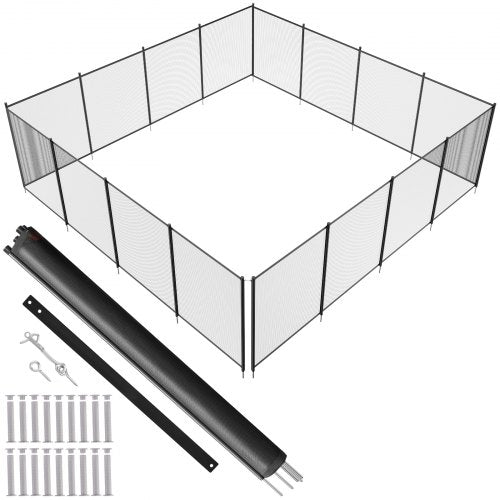 Removable child safety pool fence in black with stainless steel legs and PVC mesh fabric.