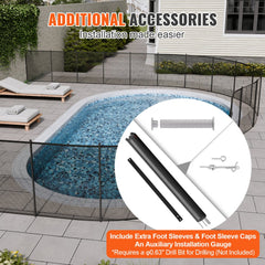 Removable child safety pool fence in black with stainless steel legs and PVC mesh fabric.