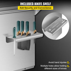 Stainless steel range backsplash with built-in shelf and knife rack, 30x30.7 inches.