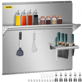 Stainless steel backsplash with dual storage shelves and knife shelf for kitchen organization.