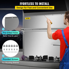 Bostome 36" stainless steel backsplash with dual storage shelves and knife rack.