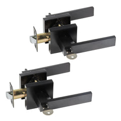 Black entry lever door handle set with keyed locking, reversible design, and durable construction.
