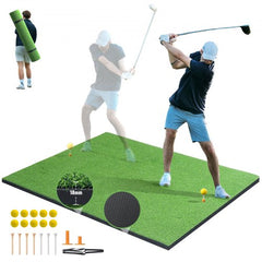 A 5x4ft golf hitting mat with two-color turf and a non-slip bottom for indoor and outdoor use.