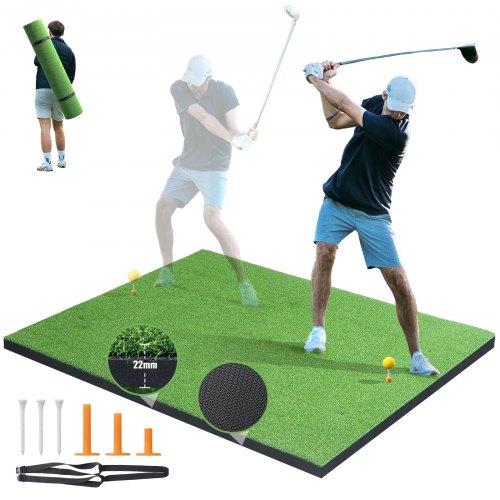 Bostome 5x4ft golf hitting mat with realistic turf, anti-tearing layer, and six tee holes.