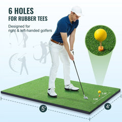 5x4ft golf hitting mat with realistic turf, non-slip base, and six holes for rubber tees.