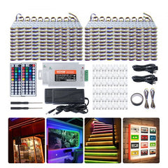 Bostome 400PCS RGB LED Storefront Lights in a 207ft length with waterproof design and adhesive backing.