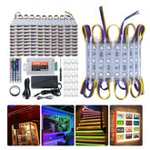 Pack of 200 waterproof RGB LED modules with remote control, power supply, and installation accessories.