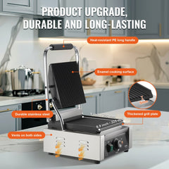 A commercial panini press grill with a 9-inch cooking surface and stainless steel body.