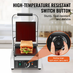 A commercial panini press grill with a sandwich inside, highlighting its temperature control.