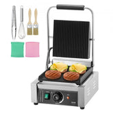 Commercial electric panini press grill with 9x9 inch plates, tongs, brushes, and cloths.