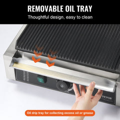 Commercial panini press grill with removable oil drip tray for easy cleaning.
