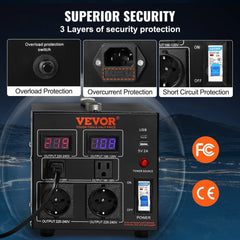 Bostome 2000W voltage converter with multiple outlets and LED voltage display for global use.