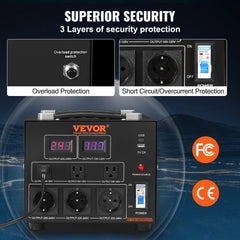 Black VEVOR 5000W voltage converter with digital display, multiple outlets, USB ports, and 3-layer security features.