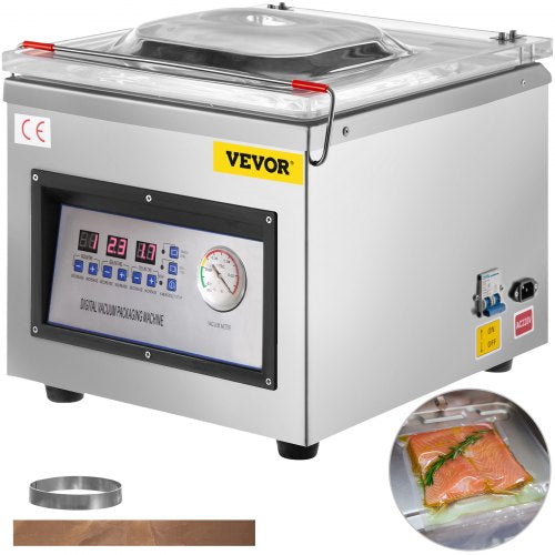 Stainless steel chamber vacuum sealer with one-touch controls and powerful suction for food preservation.