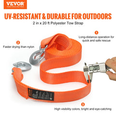 Bostome heavy duty tow strap with hooks, 2"x20', bright orange polyester for high visibility.