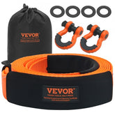 Bostome heavy duty tow strap recovery kit with 3-inch by 20-foot orange strap, black storage bag, and four zinc-plated D-ring shackles.
