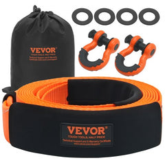 Bostome heavy duty tow strap recovery kit with 3-inch by 20-foot orange strap, black storage bag, and four zinc-plated D-ring shackles.