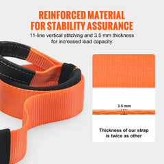 Orange heavy-duty tow strap with 11-line vertical stitching and 3.5 mm thickness for stability.