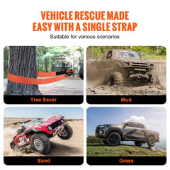An orange tow strap is shown in four scenarios: tree saver, mud, sand, and grass.