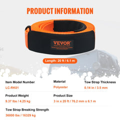 Orange 3-inch by 20-foot heavy-duty polyester tow strap with VEVOR branding and 36,000 lbs breaking strength.