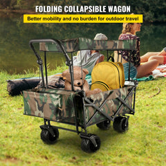 Camouflage collapsible folding wagon with heavy-duty frame and spacious interior for easy transport.