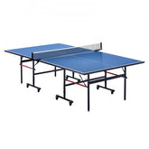 Foldable indoor ping pong table with MDF surface, clamp net, and lockable casters.