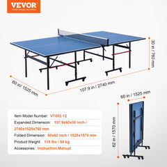 Foldable indoor ping pong table with MDF surface, clamp net, and lockable casters for easy storage.