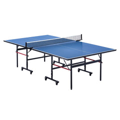 Foldable indoor ping pong table with MDF surface, clamp net, and lockable casters.