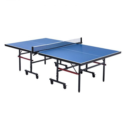 Foldable indoor ping pong table with adjustable height and clamp net for easy setup and storage.
