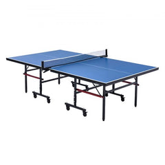 Foldable indoor ping pong table with adjustable height and clamp net for easy setup and storage.