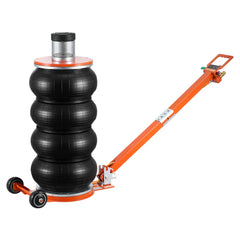Orange 6-ton pneumatic air jack with black accordion bellows, silver top, long handle, and wheels.