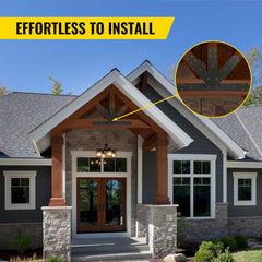 Black powder-coated steel gable plate installed on a house roof with 12:12 pitch rafters.