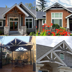 Black powder-coated steel gable plate for 12:12 pitch timber frames, shown in home installations.