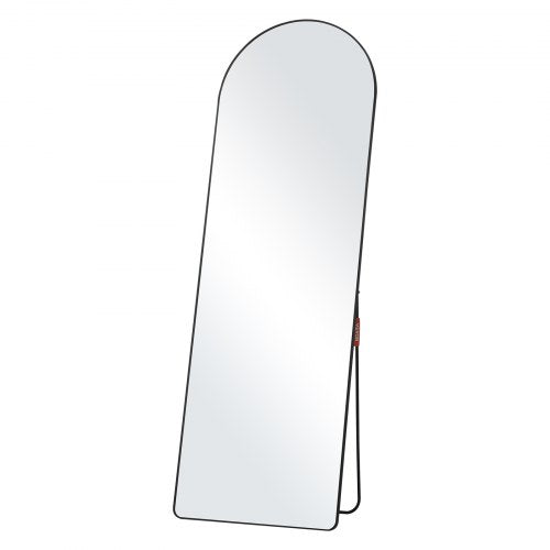 Black aluminum alloy framed arched full-length mirror measuring 65"x22" with clear reflection.