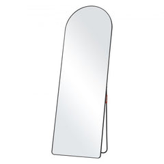 Black aluminum alloy framed arched full-length mirror measuring 65"x22" with clear reflection.