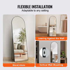 Arched full-length mirror with a black aluminum frame, measuring 65"x22", reflecting clearly.