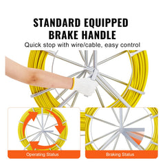 Bostome Fiberglass Fish Tape 600ft with a metal frame and ergonomic handle for easy wire pulling.