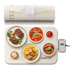 Beige rollable electric warming tray with silicone surface and touch control interface.
