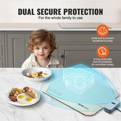 Beige rollable electric warming tray with silicone surface and touch control interface.