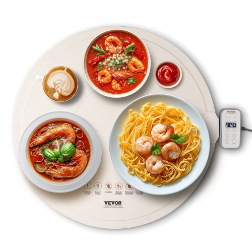 Rollable silicone electric warming tray with temperature control, displaying shrimp pasta and soup dishes.
