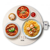 Rollable silicone electric warming tray with temperature control, displaying shrimp pasta and soup dishes.