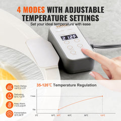 Rollable silicone electric warming tray with digital temperature display and four mode buttons.