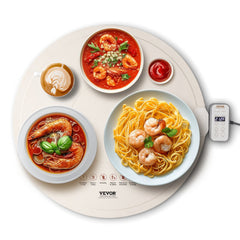 Rollable silicone electric warming tray with temp control, displaying shrimp pasta and soup dishes.
